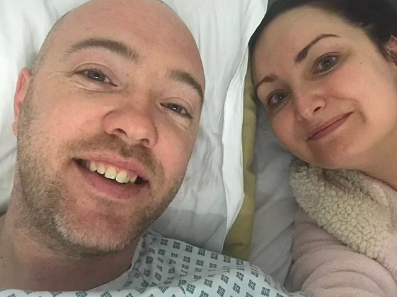 Living kidney donor James in hospital with his wife and kidney recipient Claire