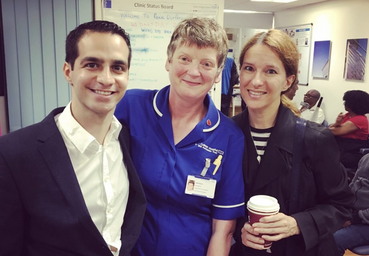Living kidney donor Ali alongside his kidney recipient Sonia and a healthcare professional